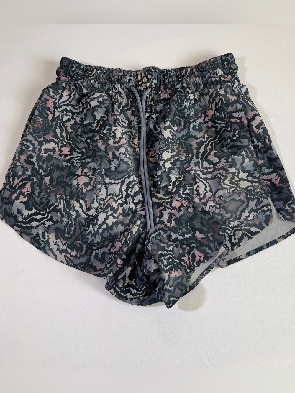 Athleta Black Abstract Print Athletic Shorts with Lavender Accents